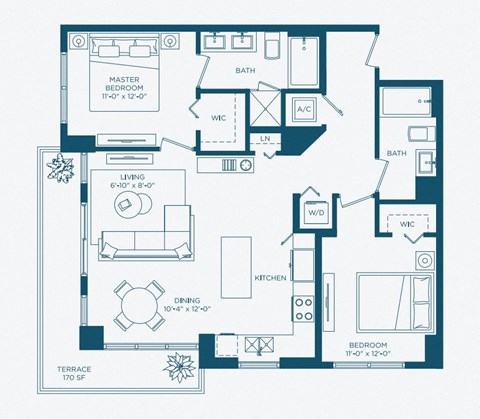 Floor plan for 2 beds, 2 baths, 1098 sqft